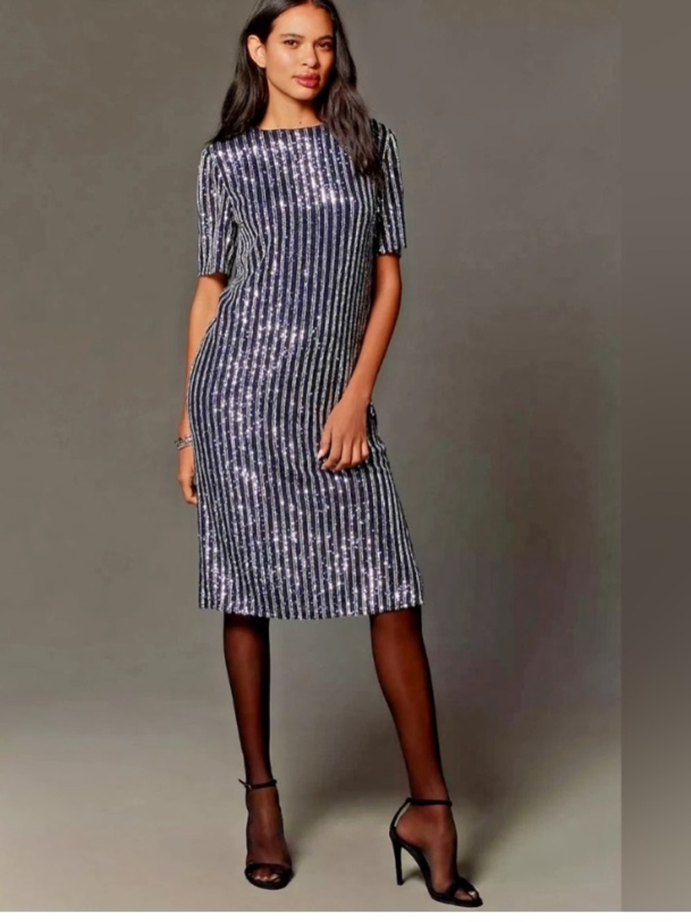 Flat White Anthropologie Sequin Stripe Blue Navy Silver Metallic Dress small